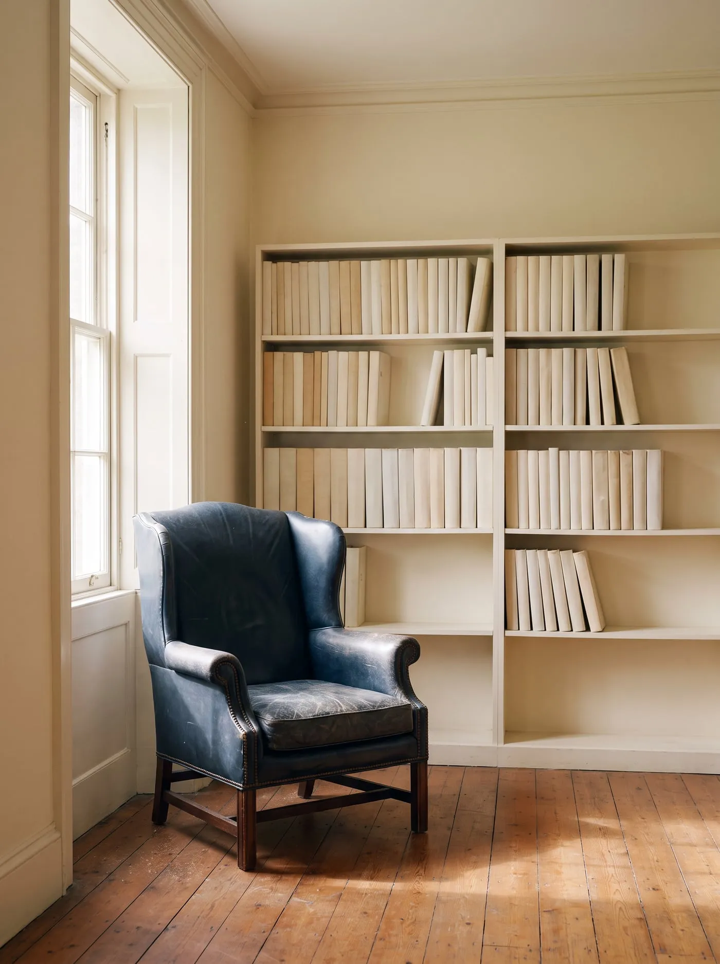 A quiet study with a leather chair and shelves of bound volumes.