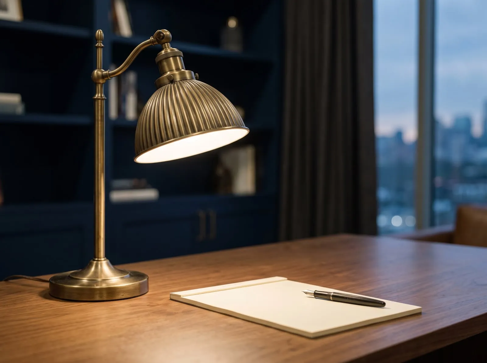 Lamplight over a blank notepad and pen on a dark desk.