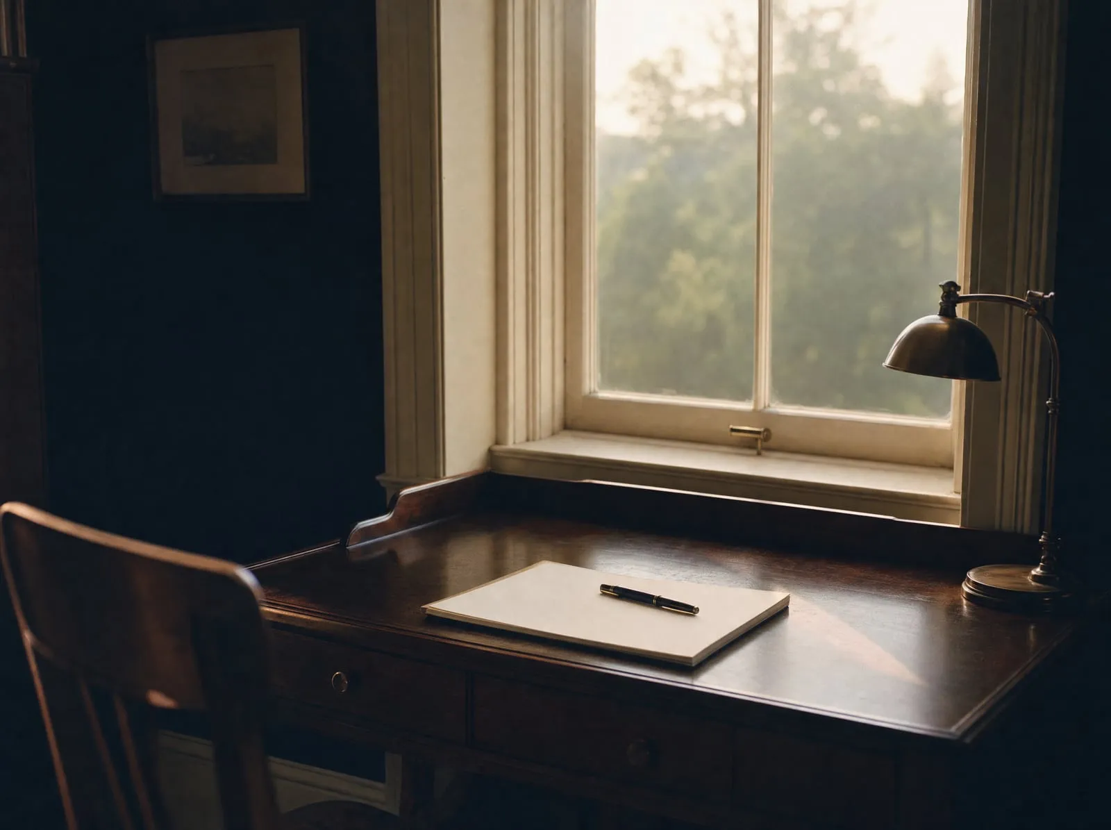 An empty writing desk beside a tall window in early morning light.