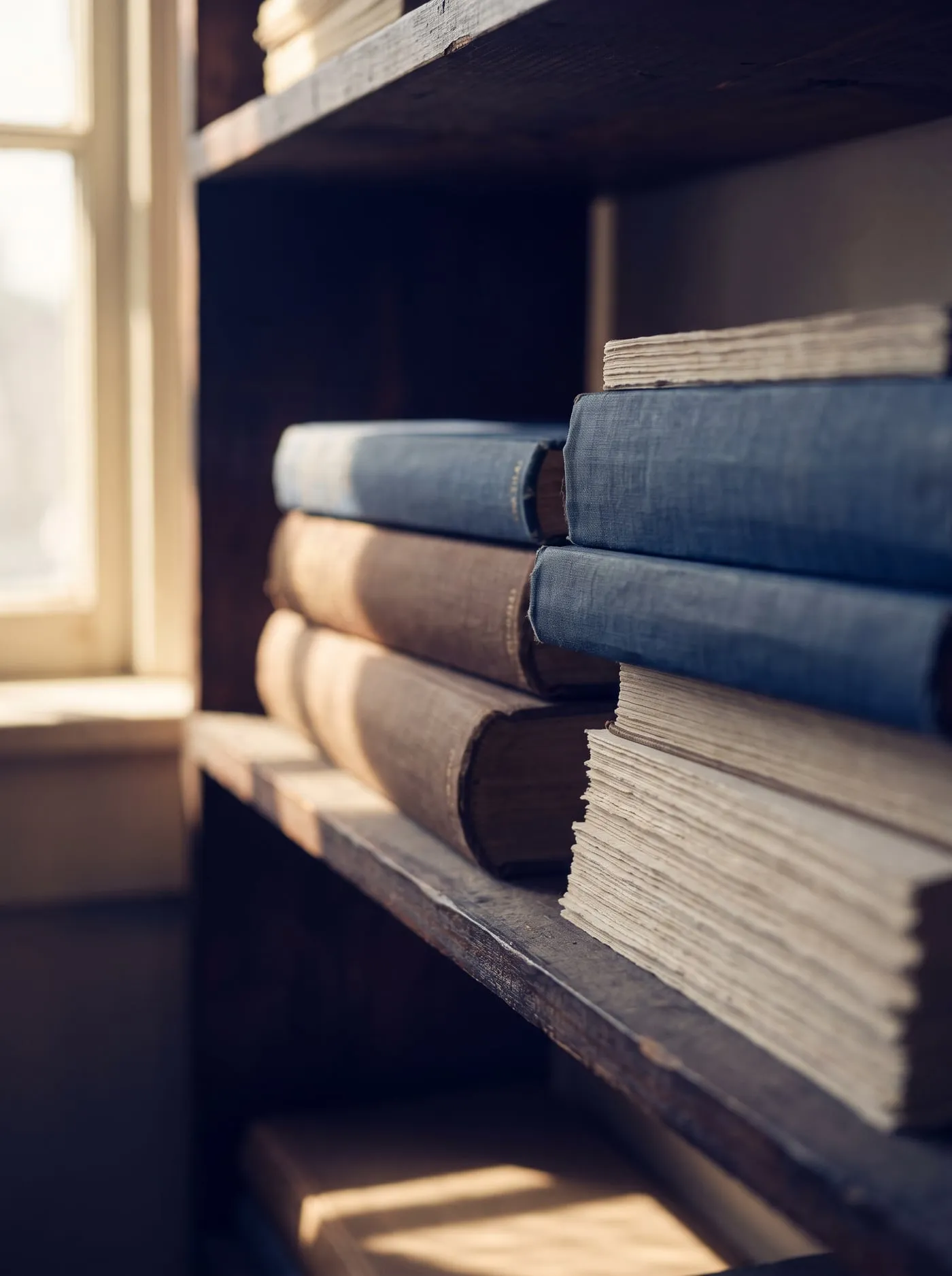 Cloth-bound archive volumes and stacked paper in warm window light.